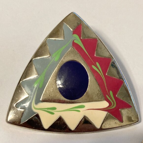 Vintage Southwestern Enamel Earrings Aqua Silver Tone Post Boho Western Triangle - Picture 5 of 11